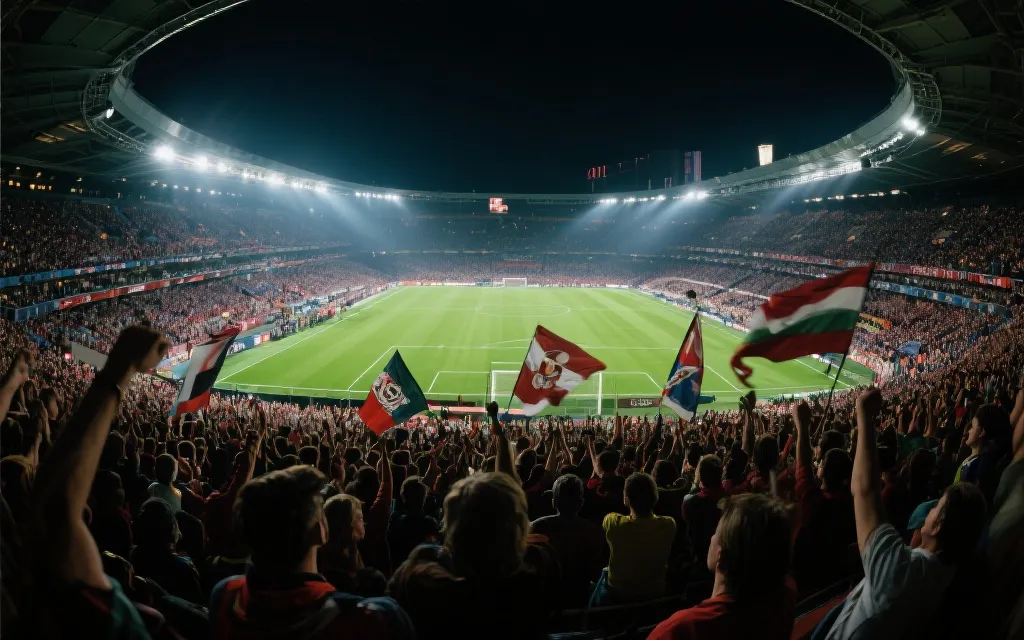 大型足球场夜场灯光下的球迷看台，旗帜飘扬，人群欢呼，氛围震撼